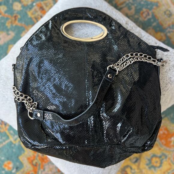 Big Buddha Black Patent Snakeskin Shoulder Bag with Chain Strap - Picture 1 of 7